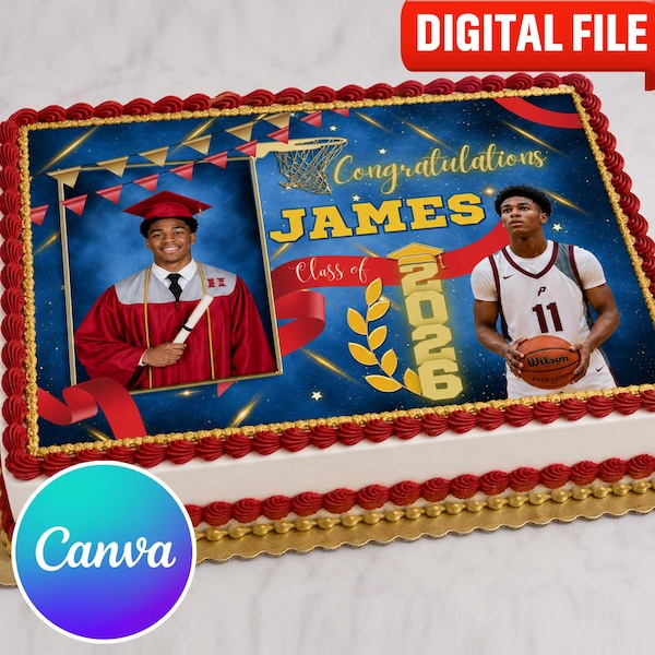 Graduation Cake Topper Canva Template – Editable Basketball Digital File