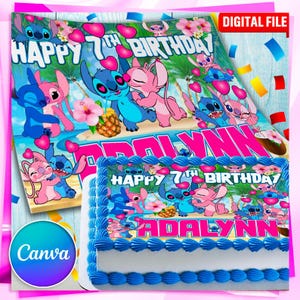 May include: A birthday cake with blue frosting and a printed image of Stitch and Angel characters. The cake is decorated with the text "Happy 7th Birthday Adalynn". The image also includes a digital file graphic.