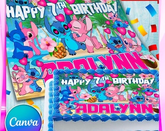 Adorno para tarta de cumpleaños de Stitch y ángel / Plantilla de Canva (66 x 45 cm)