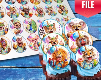 Cupcake-dekorationer med partydjur, födelsedagstema (digital nedladdning)