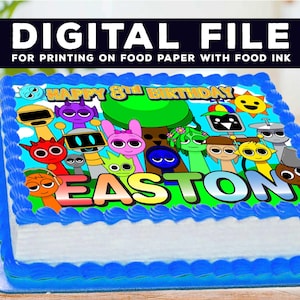 Peut inclure: Une décoration de gâteau rectangulaire avec une illustration colorée de divers personnages et robots. Le texte indique HAPPY 8TH BIRTHDAY et EASTON en grandes lettres grasses. Il s'agit d'un fichier numérique pour impression alimentaire.