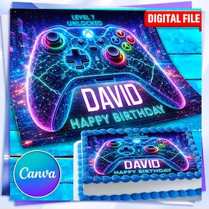 Op de afbeelding: Een digitaal bestand en een taart met een neon-stijl ontwerp van een videogamecontroller. Het ontwerp bevat de naam "DAVID" en de tekst "HAPPY BIRTHDAY". Het digitale bestand is gelabeld "DIGITAL FILE".