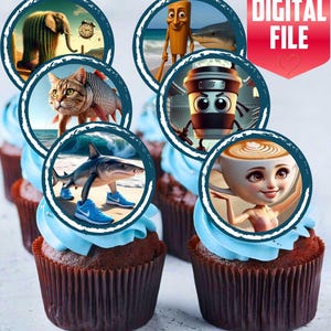 Könnte beinhalten: Schokoladen-Cupcakes mit blauem Zuckerguss, jeweils mit einem kreisförmigen Bild versehen. Die Bilder zeigen skurrile Charaktere wie einen Hai in Turnschuhen, einen Katze-Fisch-Hybrid und eine Kaffeetasse mit Gesicht. Die Cupcakes sind auf einer weißen Oberfläche angeordnet. Der Text "DIGITAL FILE" befindet sich auf einem roten Banner.