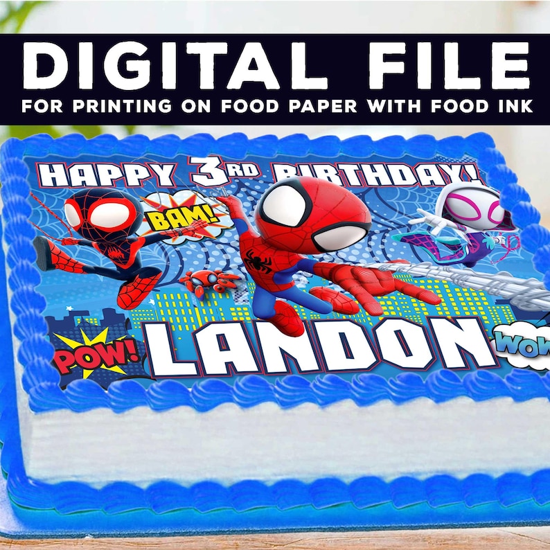 Puede incluir: Tarta rectangular con glaseado azul y borde azul. Decorada con personajes de Spider-Man y el texto "HAPPY 3RD BIRTHDAY!" y "LANDON". Las palabras "DIGITAL FILE" est&aacute;n en la parte superior.