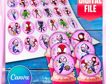 Spindelliknande rosa muffinsdekorationer – 24 runda utskrivbara bilder (Letter-storlek, 1,5 tum) – Canva digital mall