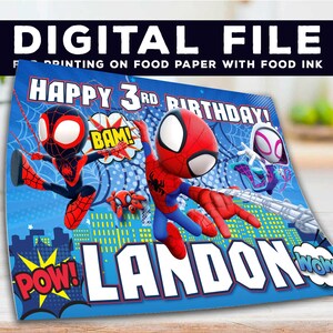 Puede incluir: Un archivo digital azul con personajes de Spider-Man, con el texto "HAPPY 3RD BIRTHDAY!" y el nombre "LANDON". La imagen incluye efectos de sonido de estilo c&oacute;mic como "POW!" y "BAM!" y las palabras "DIGITAL FILE".