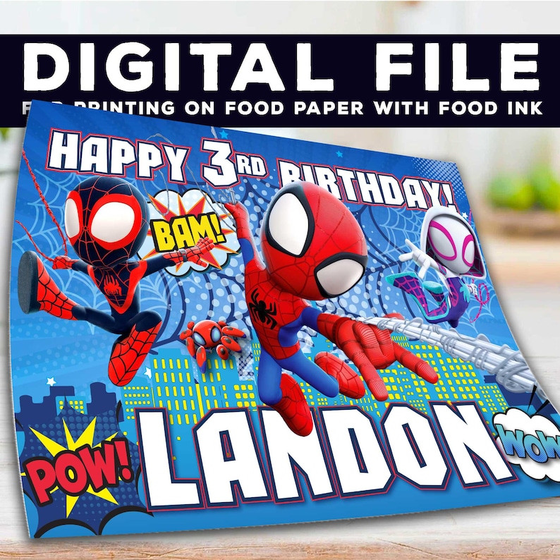 Puede incluir: Un archivo digital azul con personajes de Spider-Man, con el texto "HAPPY 3RD BIRTHDAY!" y el nombre "LANDON". La imagen incluye efectos de sonido de estilo c&oacute;mic como "POW!" y "BAM!" y las palabras "DIGITAL FILE".