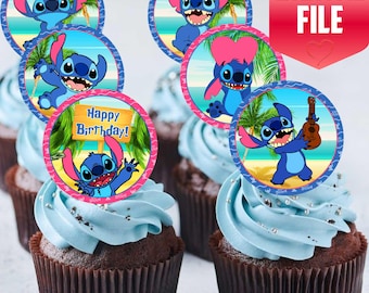 Adornos para cupcakes de Stitch, decoración para fiesta de cumpleaños infantil (archivo digital)