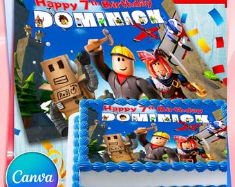 Editable Roblox Birthday Cake Topper | Printable Canva Template 18x26 in | Digital Party Decoration