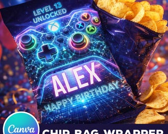 Gaming Chip Bag Wrapper Template – Personalized Birthday Party Favor, Canva Editable Digital Download