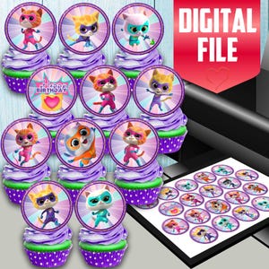Puede incluir: Un conjunto de 24 toppers redondos para cupcakes con un gato de dibujos animados vestido con un disfraz de superhéroe. Los toppers están impresos en cartulina blanca y tienen un acabado brillante. Los toppers son perfectos para una fiesta de cumpleaños con temática de superhéroes.