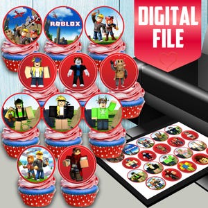 May include: A set of 12 printable cupcake toppers featuring various Roblox characters. The toppers are round and printed on white paper with a red border. The characters include a Roblox avatar, a builder, a gamer, and a girl with a pink bow. The toppers are perfect for a Roblox themed birthday party.