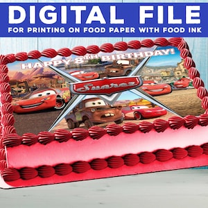 May include: A red, white, and blue edible cake topper featuring Cars characters, including Lightning McQueen, Mater, and a red race car. The topper says "Happy 8th Birthday!" and "Suarez".