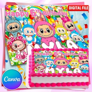 Editable labubu Birthday Cake Topper | Canva Digital Template | Printable Party Decoration | Full sheet 26x18 in