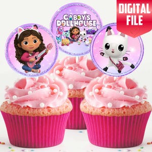 Descarga instantánea. Sin personalización. Cupcakes imprimibles de la casa de muñecas de Gabby. ARCHIVO DIGITAL. Tamaño: 4,3 cm (1,5748 pulgadas).
