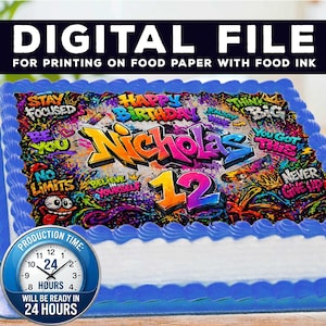 Puede incluir: Un adorno rectangular para pastel con un diseño estilo grafiti que incluye el texto "Happy Birthday Nicholas 12". El gráfico contiene frases como "Stay Focused", "Think Big", "Be You", "No Limits", "Believe in Yourself", "Enjoy the Ride", "You Got This" y "Never Give Up" en colores vibrantes.