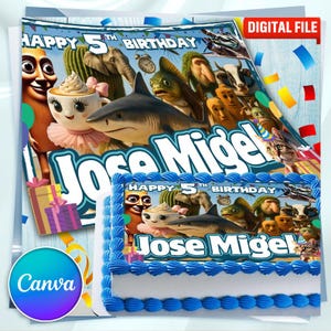 Puede incluir: Un archivo digital y una tarta con un diseño colorido para una celebración de 5º cumpleaños. El diseño incluye personajes de dibujos animados, el nombre "Jose Migel" y el texto "Happy 5th Birthday". La tarta tiene glaseado azul.