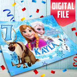 Puede incluir: Un cartel de cumpleaños digital con Anna, Elsa, Olaf y Sven de Frozen. El diseño incluye el número 7, el nombre Kayla y el texto Happy Birthday, sobre un fondo azul con copos de nieve y confeti de colores.