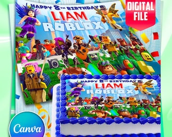 Bewerkbare Roblox-verjaardagstaarttopper | Afdrukbare canvassjabloon | Digitale feestdecoratie