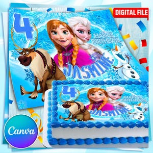 Pode incluir: Um bolo de aniversário azul com cobertura branca e detalhes em glacê azul. O bolo apresenta imagens de personagens animados, o número 4 e o nome "Jasmine". As palavras "Happy Birthday" também são visíveis.
