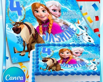 Decorazione per torta di compleanno a tema Frozen modificabile / Modello Canva stampabile / Decorazione digitale per feste