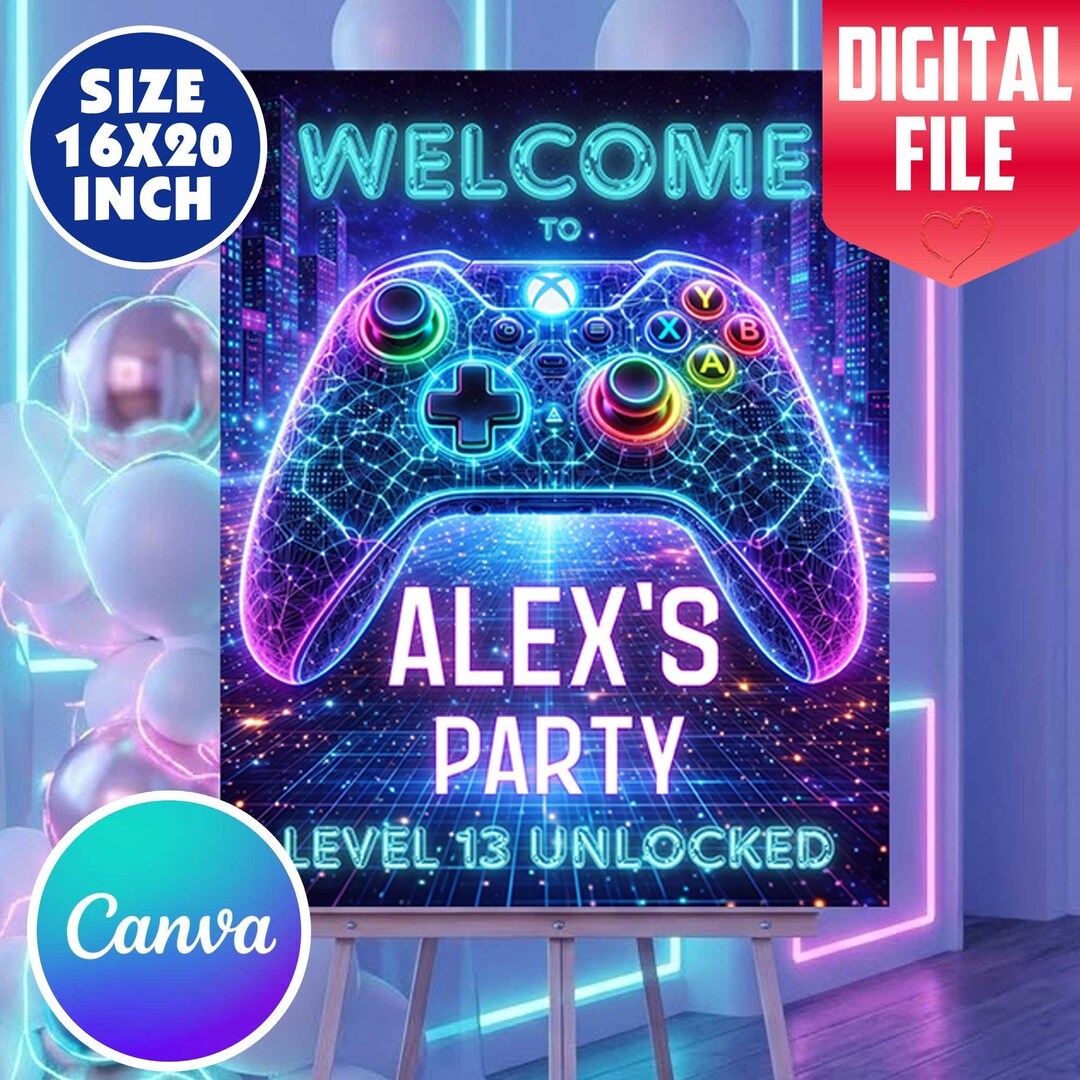 Editable Gaming Welcome Sign, Neon Controller Birthday Poster (digital ...
