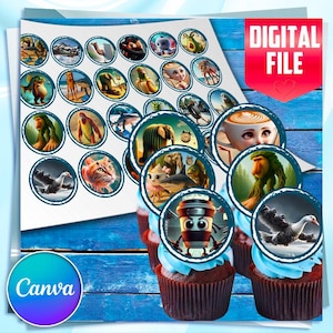 Puede incluir: Una hoja de pegatinas digitales circulares con varios personajes de dibujos animados y animales. Las pegatinas están colocadas encima de cupcakes con glaseado azul. El texto "DIGITAL FILE" está en rojo. El logotipo de Canva está en la esquina inferior izquierda.