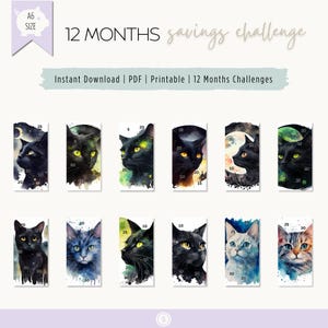 12 Monate Spar-Challenge zum Ausdrucken, Bargeld sparen, Aquarell Katzen-Thema, PDF-Drucke A6-Größe, monatliche Budgetierung, Sparen, Notfallfond