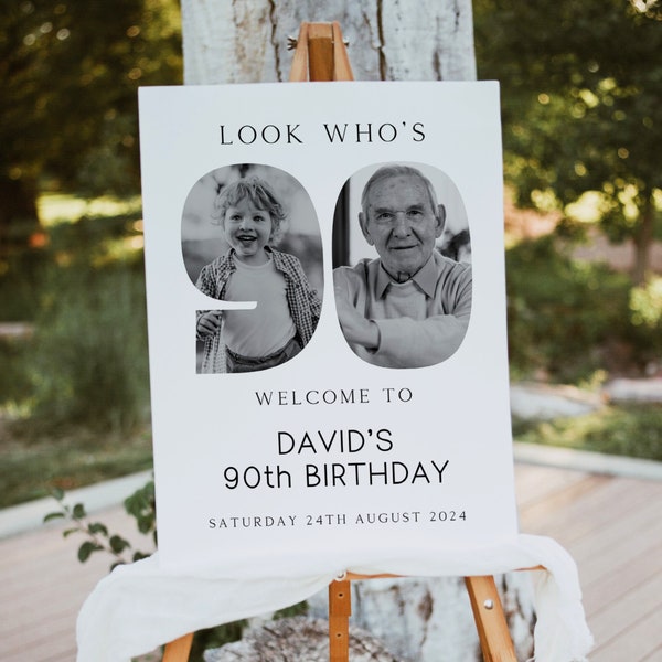 Minimal 90th Birthday Welcome Sign For Man, Gift Idea For Dad, Male Birthday Poster, Look Who's Ninety, Picture Board With Photos, Editable