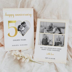 Plantilla de tarjeta del 50.° aniversario, collage de aniversario de oro, tarjeta de cincuenta años dorados, regalo de aniversario imprimible, collage de fotos editable