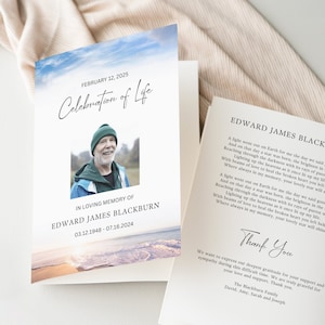 Sjabloon voor buitenbegrafenisprogramma, strandhemel, viering van het levenboekje, bewerkbare overlijdensbericht, in liefdevolle geheugenkaarten, orde van dienst, CF61