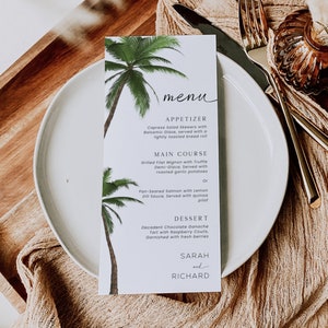 Modèle de menu de mariage tropical, cartes pour dîner palmier, mariage à destination, détails du plat de réception, papeterie de cuisine exotique, CW22