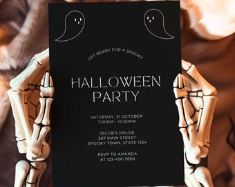 May include: Black and white Halloween party invitation with a spooky ghost graphic. The invitation includes the text "Get ready for a spooky Halloween party", the date and time of the party, the location, and RSVP information.