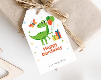 Dinosaur Happy Birthday Gift Tag Template, Boys Party Favors, Present And Balloons Favor Tags, Editable Dino Party Labels, Instant Download