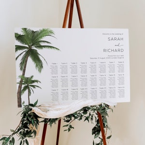 May include: A white wedding seating chart with a tropical theme. The chart lists the names of guests assigned to each table number. The chart is displayed on an easel with greenery.