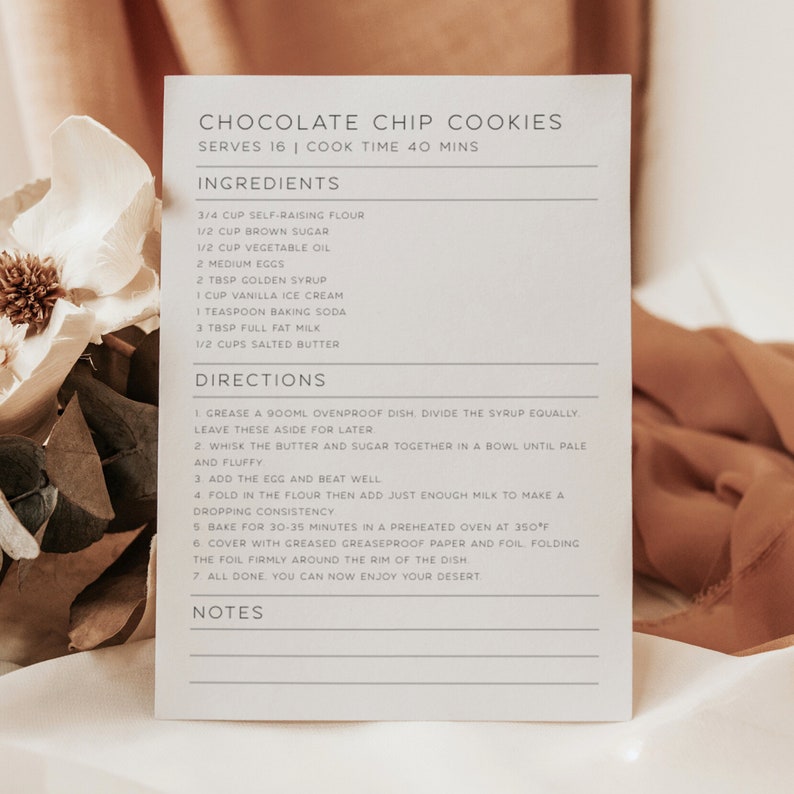 May include: A white recipe card with the title "Chocolate Chip Cookies" and instructions for making the cookies. The recipe serves 16 people and takes 40 minutes to cook.