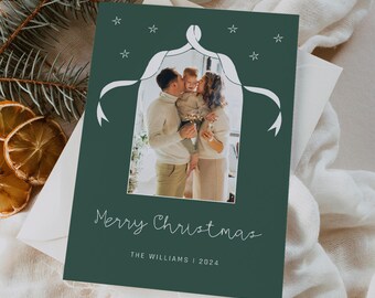 Minimal Bow Christmas Card Template With Photo, Cute Merry Christmas Card, Minimalist Winter Holiday, Editable Canva Template, 5x7, A5