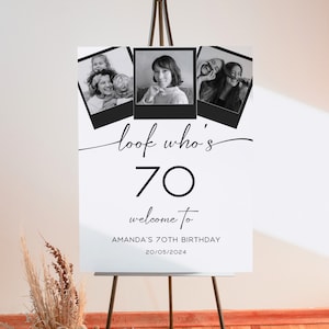 Cartel de collage de cumpleaños número 70, Mira quién tiene 70 años, Plantilla de signo de bienvenida de cumpleaños, Decoración personalizada, Ideas de planificación de fiestas, Cartel con fotos