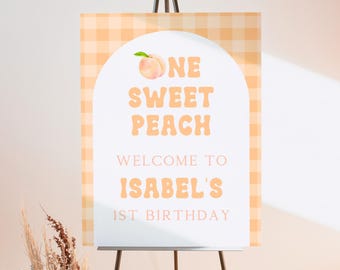Panneau de bienvenue d'anniversaire pêche sucrée, affiche une pêche sucrée, panneau modifiable pour le premier anniversaire, décorations pour le 1er anniversaire, téléchargement immédiat, CB11