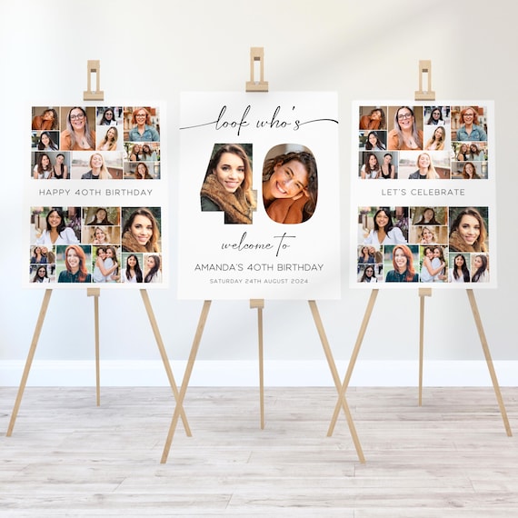 40th Birthday Poster Collage, Look Who's 40 Sign, Set Of 3, Editable Photo Collage, Happy Birthday Welcome Sign, Picture Montage Board
