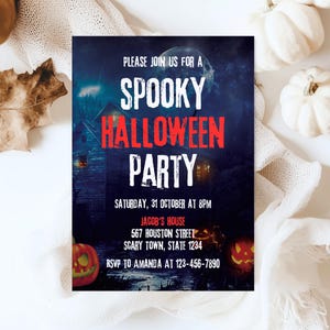 Uitnodiging voor spookachtig Halloween-feest, sjabloon spookhuis, bewerkbare uitnodiging voor Halloween, Fright Night, kostuumfeest, direct downloaden, HW6