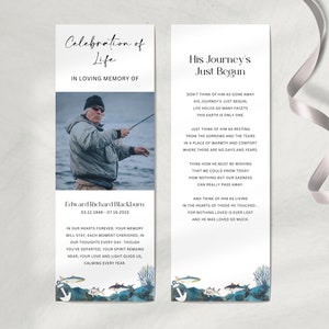 Plantilla de marcador de funeral de pesca, tarjeta de servicio conmemorativo editable, marcador personalizado, plantilla de obituario, en memoria amorosa, CF32