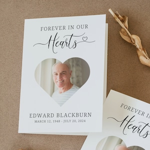 Plantilla de programa de obituario funerario, Para siempre en nuestros corazones, Folleto de orden de servicio, Folleto de ceremonia, En memoria amorosa, Tarjeta plegada, CF75