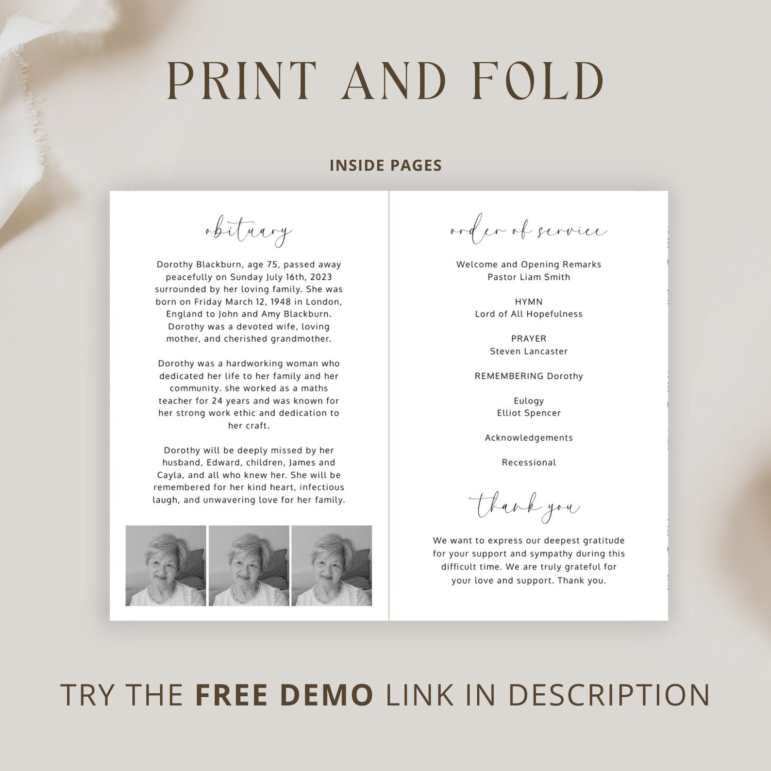 Minimal Funeral Program Template for Woman Order of Service Booklet ...