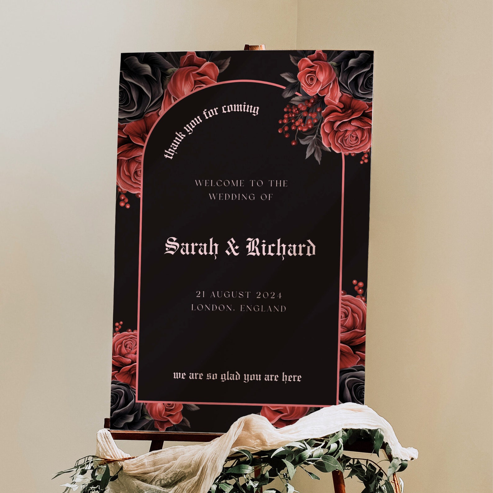 Example Signage Using Gothic Gothic Wedding Welcome Sign, Halloween Reception Signage, Red Roses ...