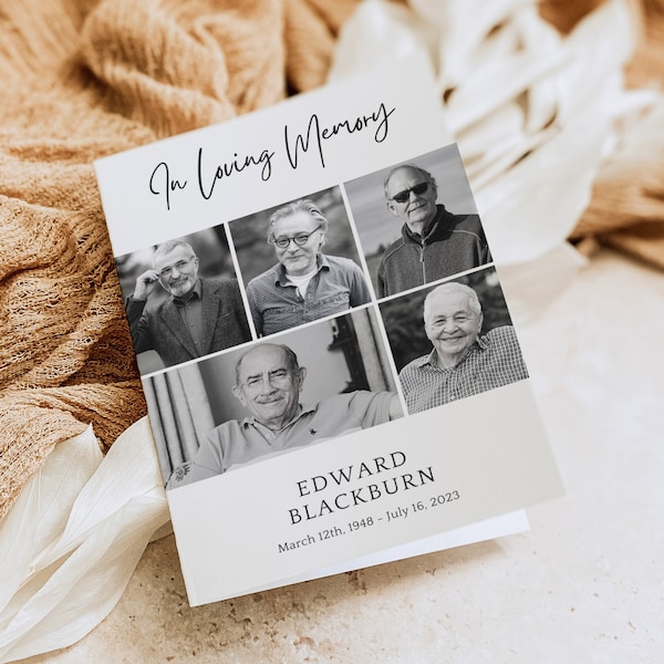 Modelo de programa funerário minimalista para homem, livreto personalizado, folheto de obituário, convite memorial, celebração de favores ao vivo, homens