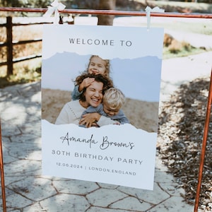 Tablero de bienvenida de cumpleaños personalizado, exhibición de póster de cumpleaños personalizado con imagen, letrero de entrada editable, letrero de bienvenida de decoración de fiesta