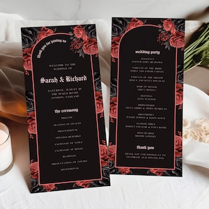 Modello di programma di matrimonio gotico, Ordine di servizio vittoriano, Programma di nozze di Halloween, Cronologia, Cartoline per cerimonie stampabili, Rose rosse, CW23
