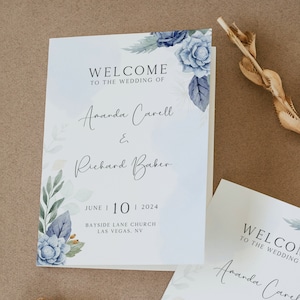 Staubiges blaues Hochzeitsprogramm, faltbares Auftragsheft, vollständig bearbeitbare Vorlage, Brautbroschüre, Hochzeitsreiseplan, Blumenmuster, CW11