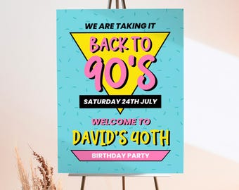 Back To The 90s Party Sign, 90s Birthday Welcome Poster, 90s Theme, Throwback Party, Retro Birthday Banner, Editable Signage, Sign Template